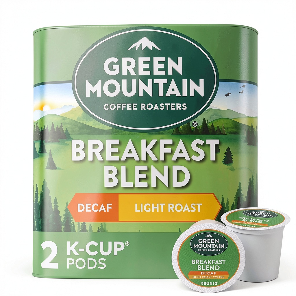 Keurig Decaf Breakfast Blend K‑Cup pods displayed on a kitchen counter