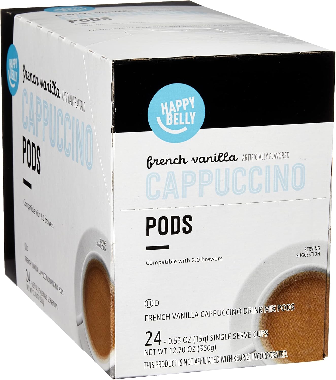 Installing Happy Belly French Vanilla Cappuccino K Cups Coffee Pods on a wooden desk