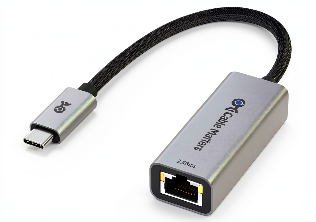Installing Cable Matters 2.5G Ethernet USB C Adapter on a wooden desk