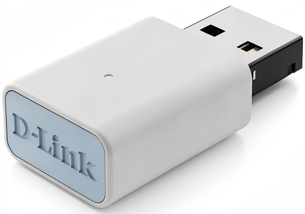 D-Link AC1300 USB Wi-Fi Adapter plugged into a laptop in a coffee shop